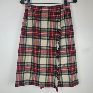 Vintage Red & Cream Wool Tartan Plaid Midi Fringe Blanket Skirt
